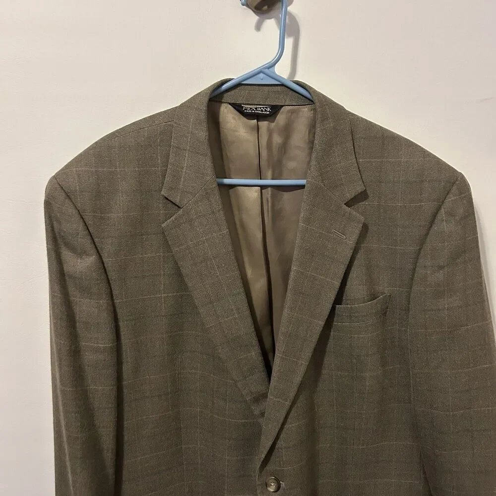 JOS A BANK mens gray PLAID silk + wool sport coat suit jacket blazer 46L